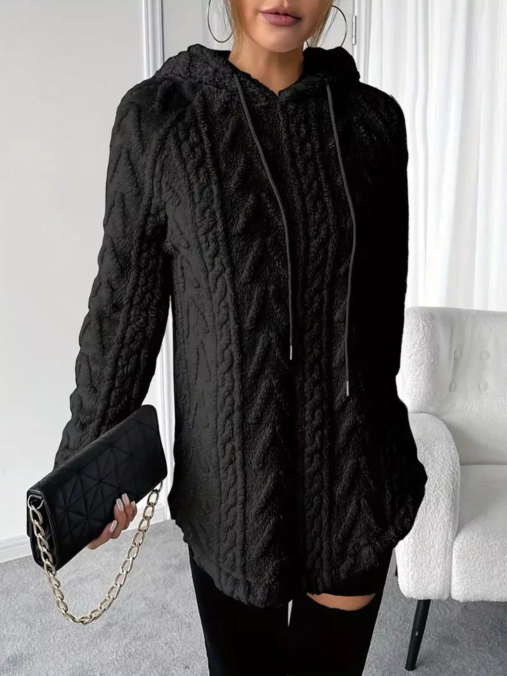 Cozy Textured Drawstring Fleece Hoodie