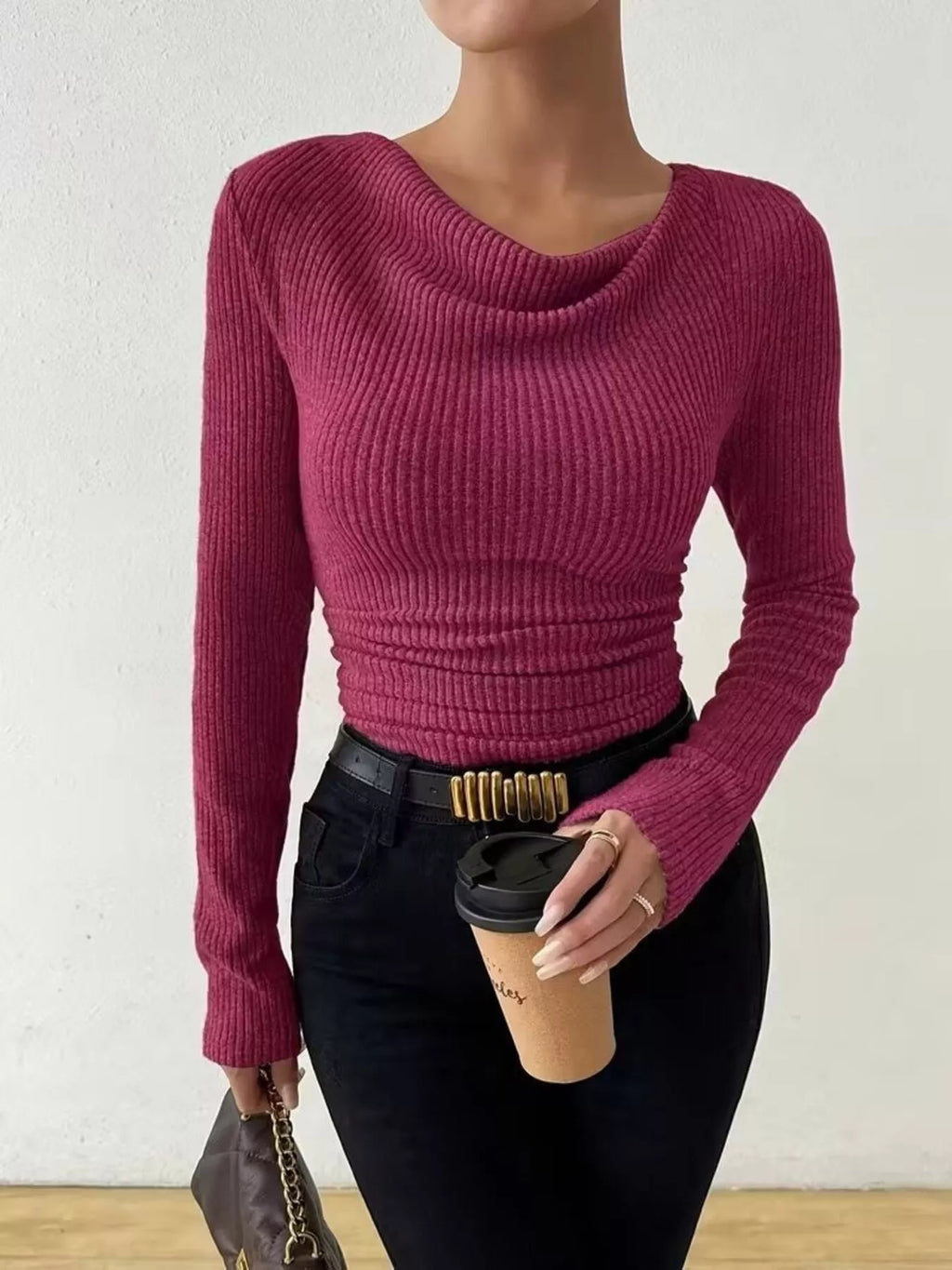 Cowl Neck Ribbed Knit Top