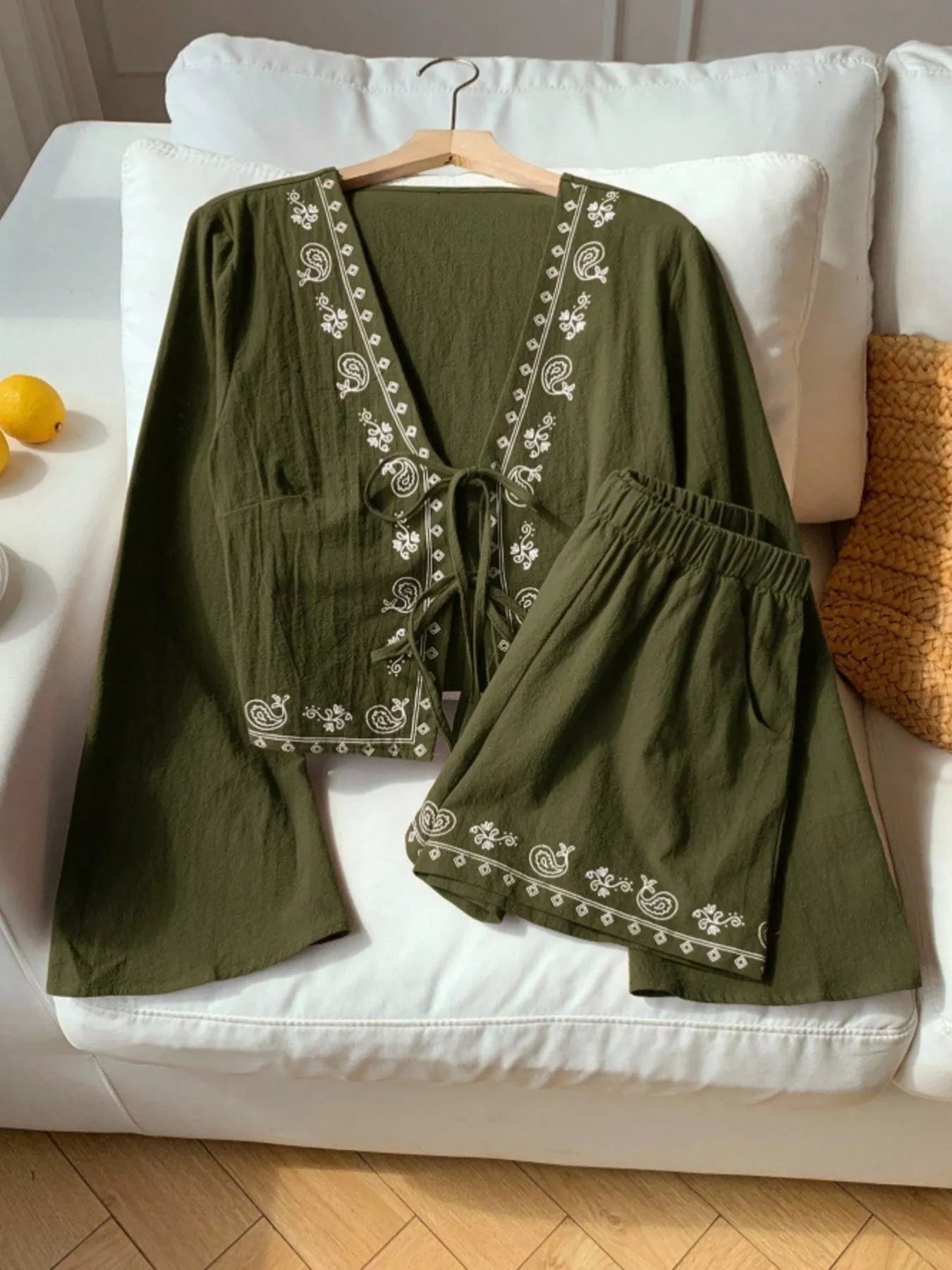 Embroidered Tie-Front Top & Shorts Set
