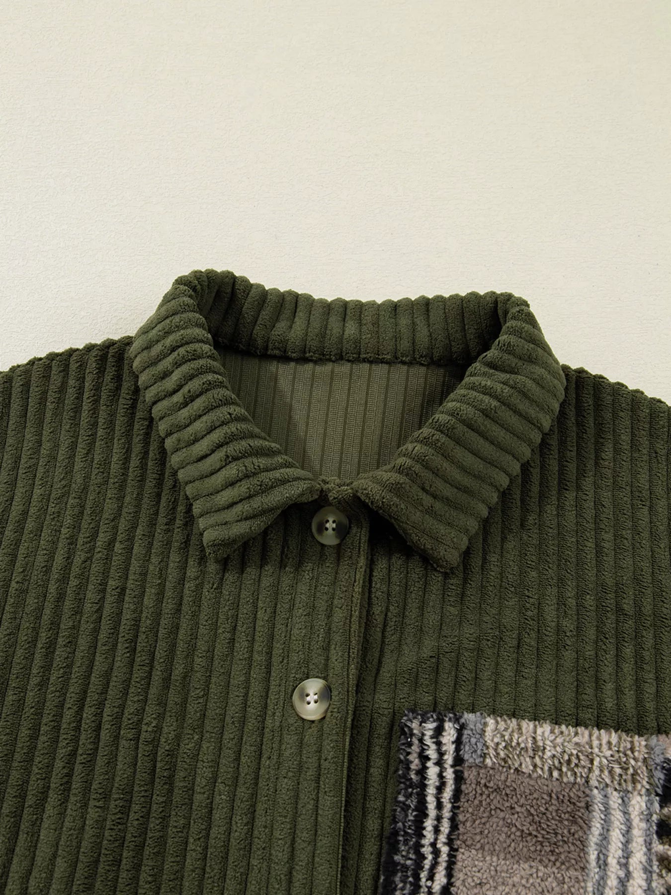 Ribbed Fleece Plaid Print Patchwork Button Up Jacket