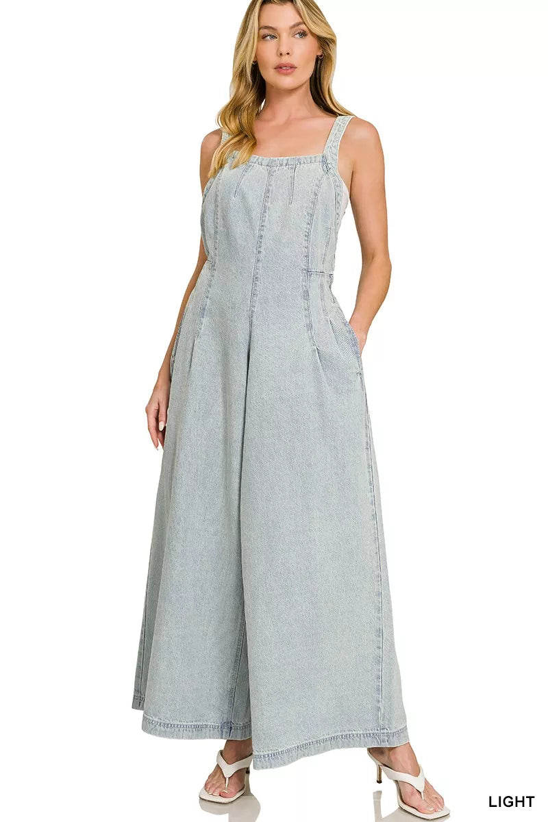 Zenana Denim Light Washed Wide Leg Overalls