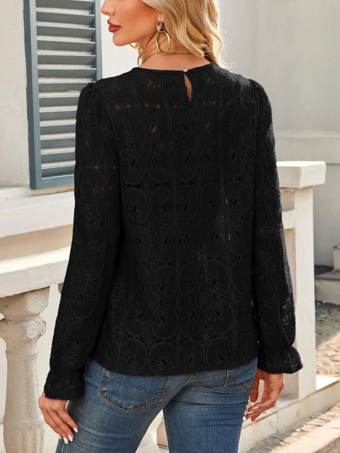 Openwork Flounce Sleeve Top