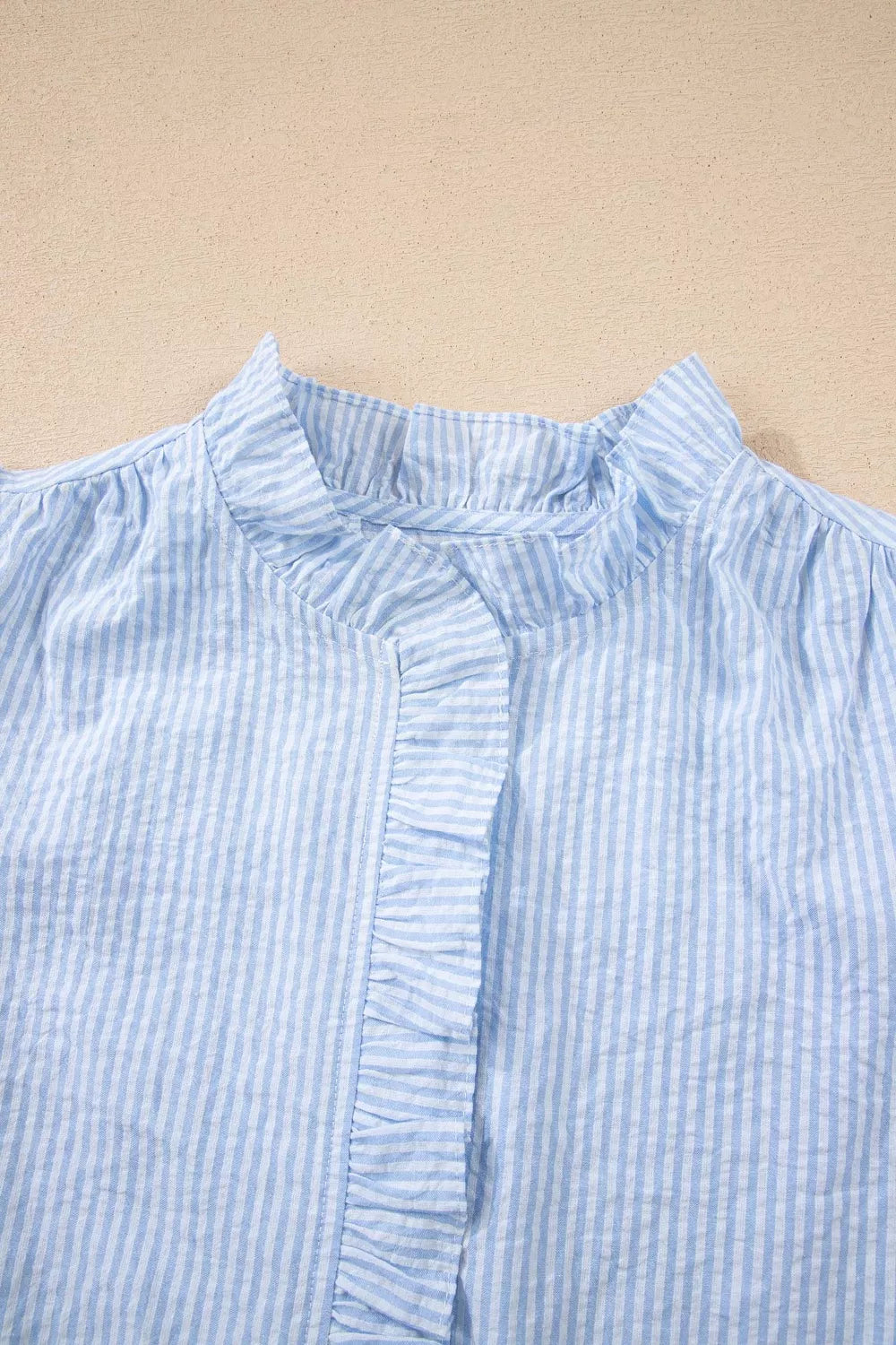 Stripe Floral Embroidered Puff Sleeve Ruffle Trim Shirt