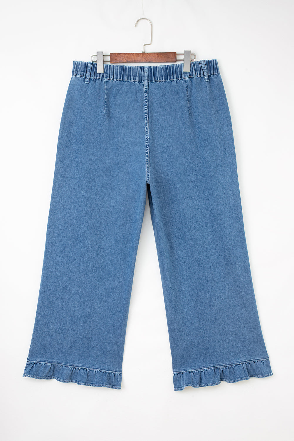 Plus Size Denim Elastic Waist Ruffle Wide Leg Pants