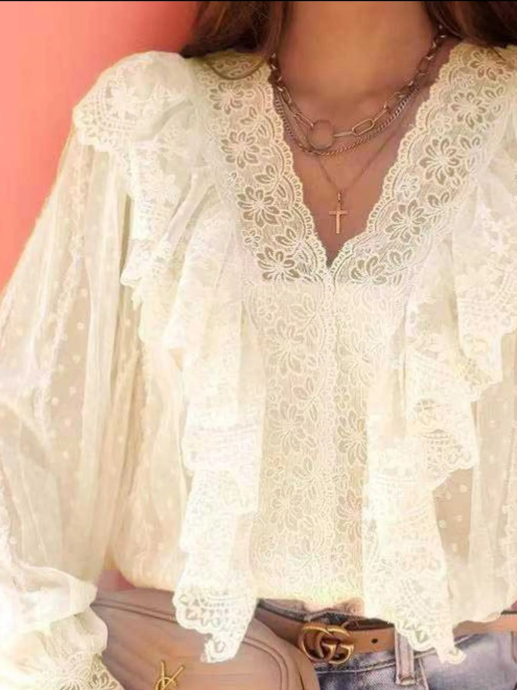 Lace Trim Ruffle V-Neck Long Sleeve Blouse