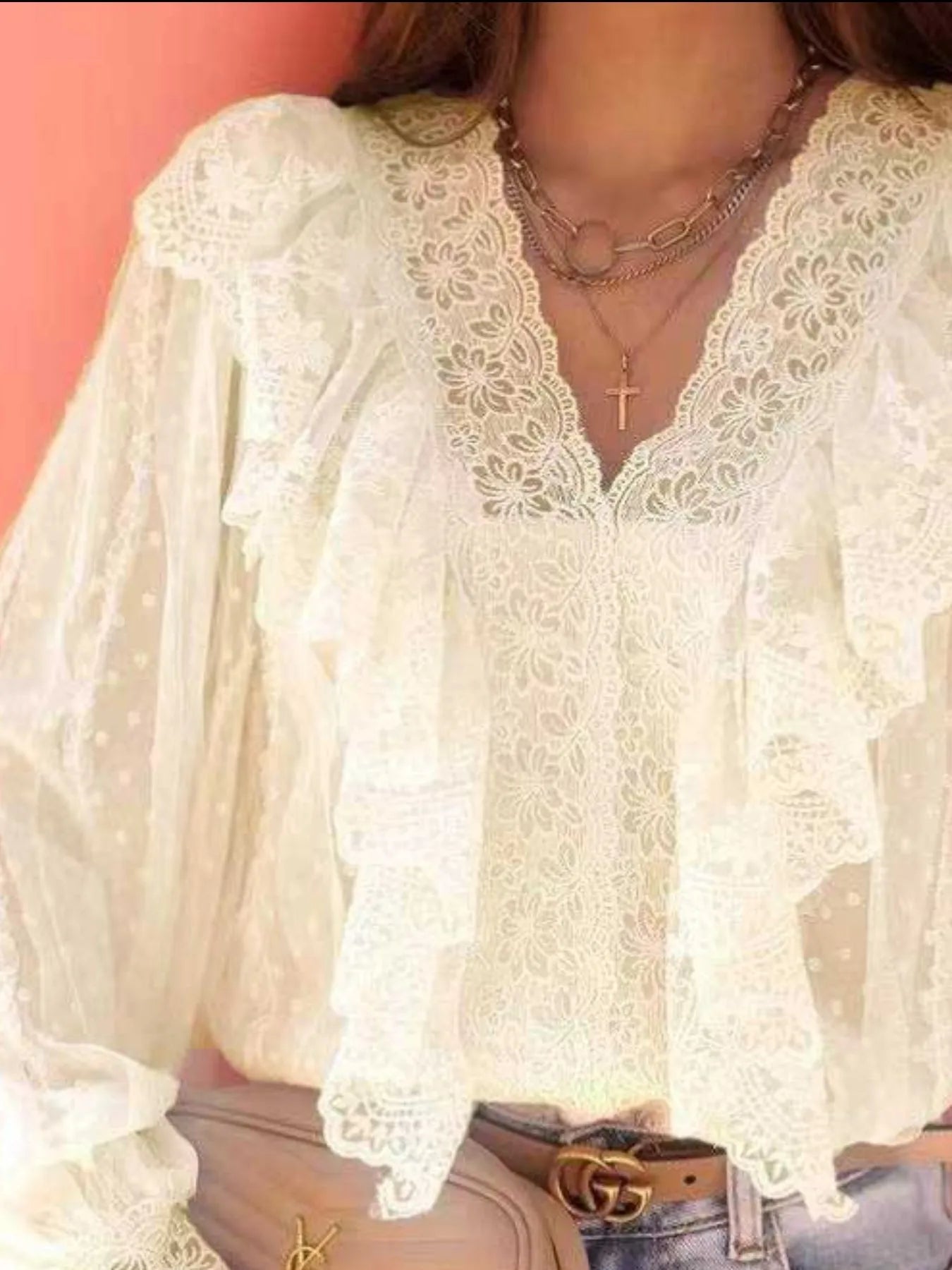 Lace Trim Ruffle V-Neck Long Sleeve Blouse