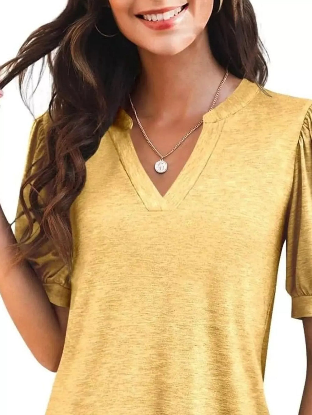 Puff Sleeve Notched Casual T-Shirt
