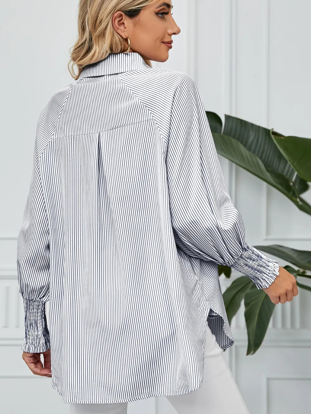 Striped Collared Neck Long Sleeve Shirt