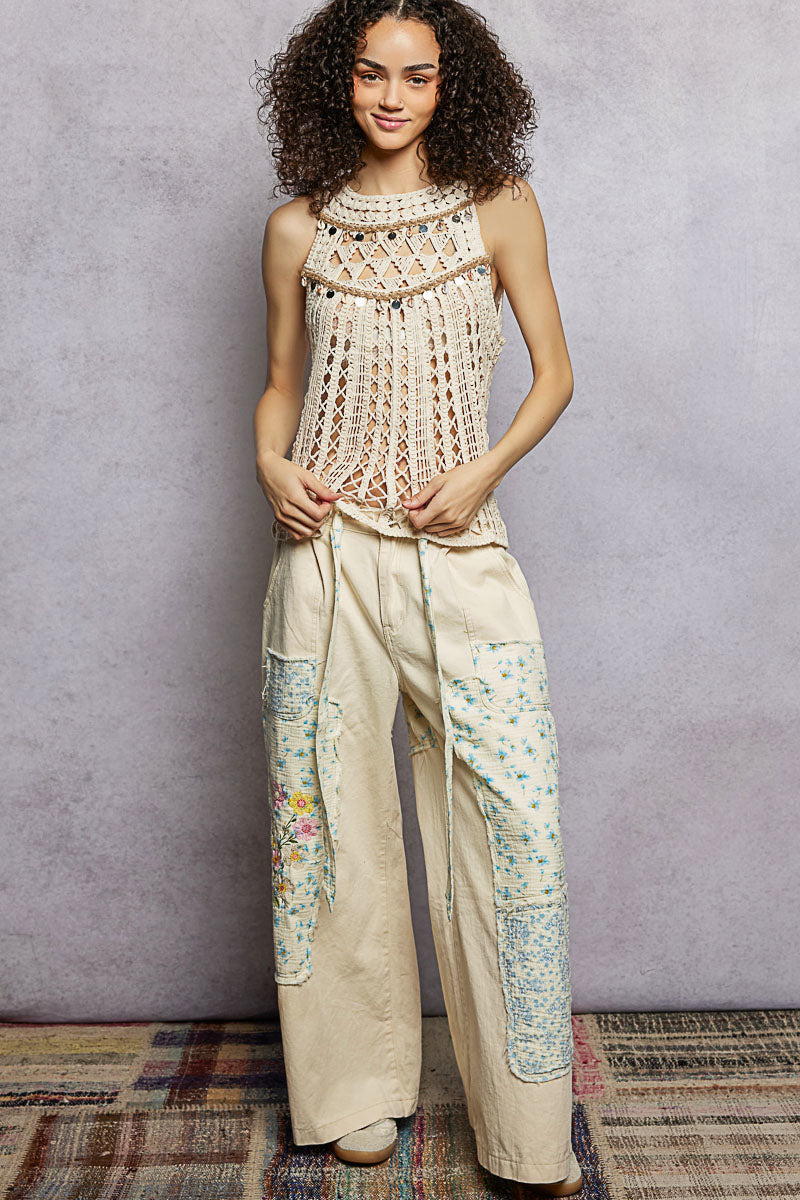 POL Halter Neck Sleeveless Crochet Top with Seashell & Mirror Dangle Trim