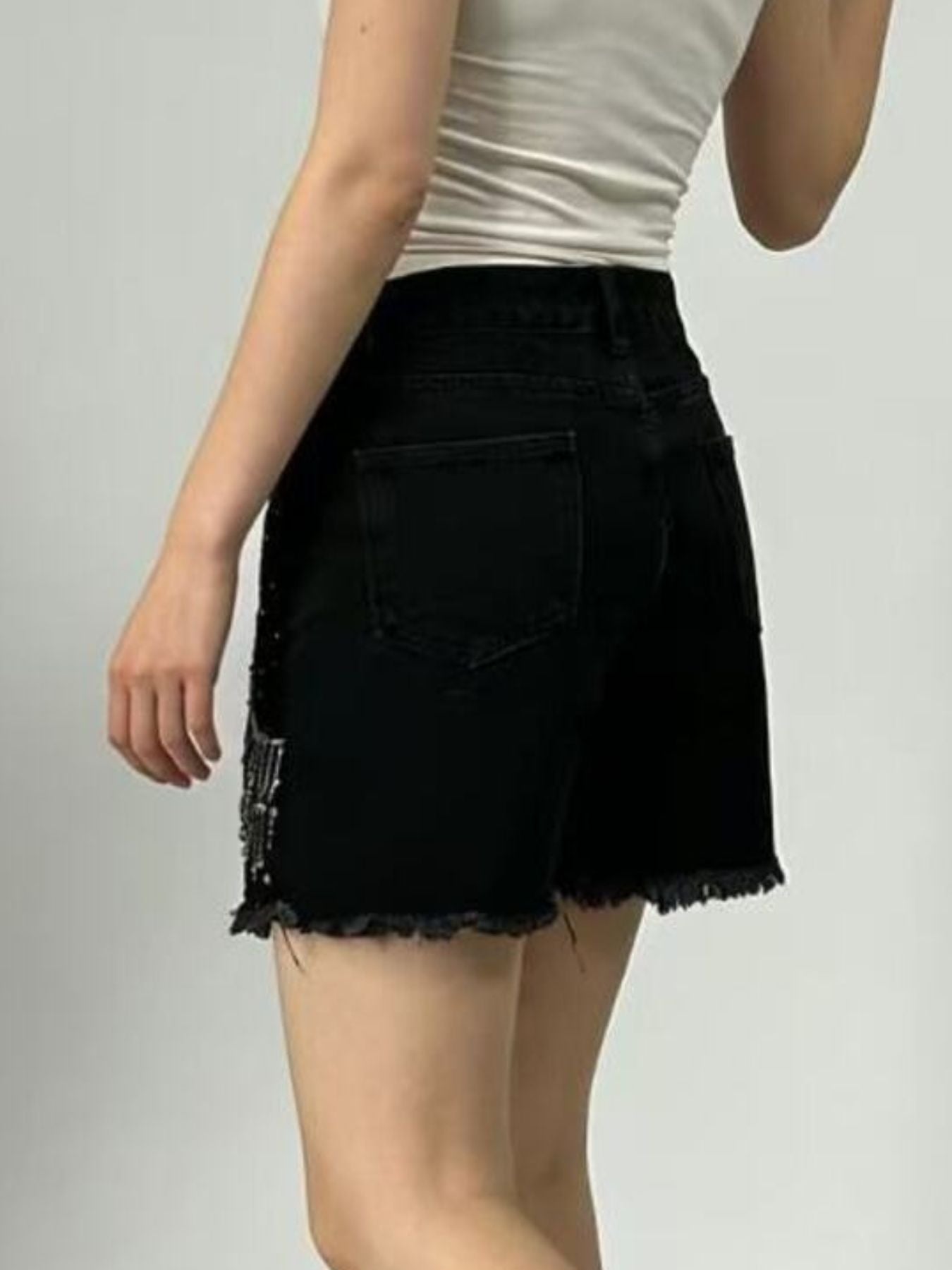 Rhinestone Chain Raw Hem Denim Shorts