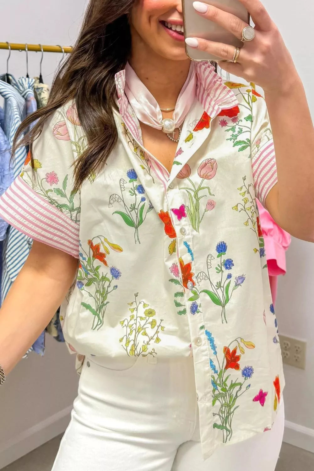 Floral Striped Patchwork Ruffled Collar Short Sleeve Shirt