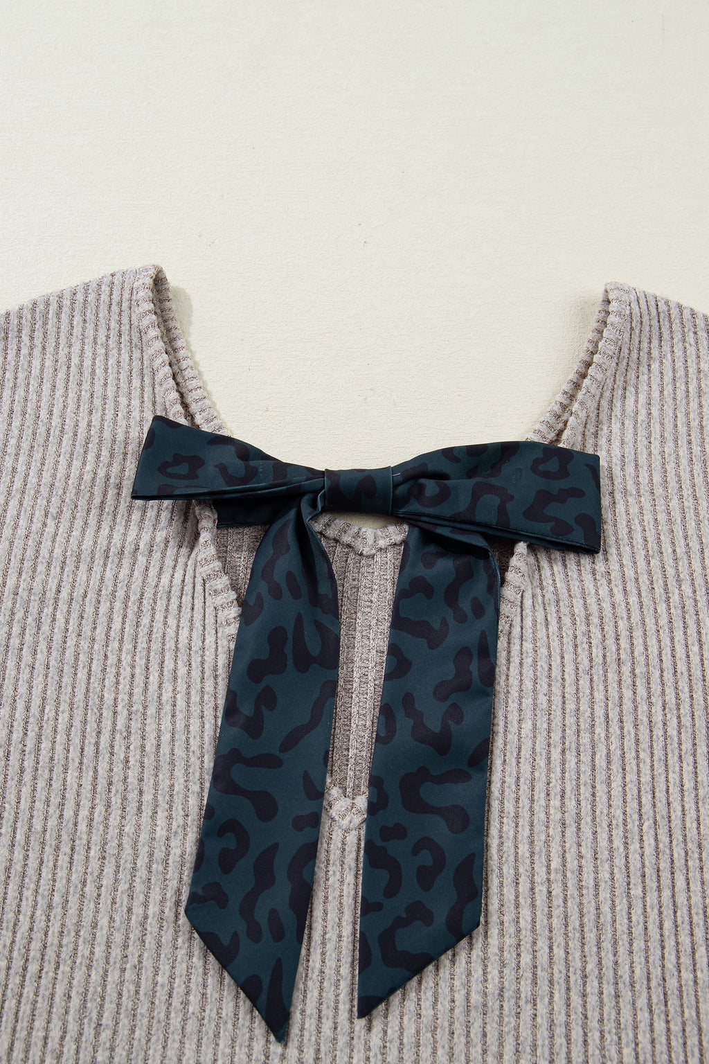 Bow Tie Back Ribbed Long Sleeve V-Neck Top