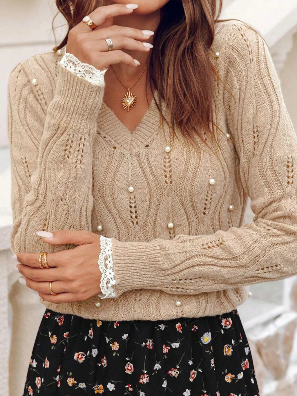 Pearl-Embellished V-Neck Pullover Sweater