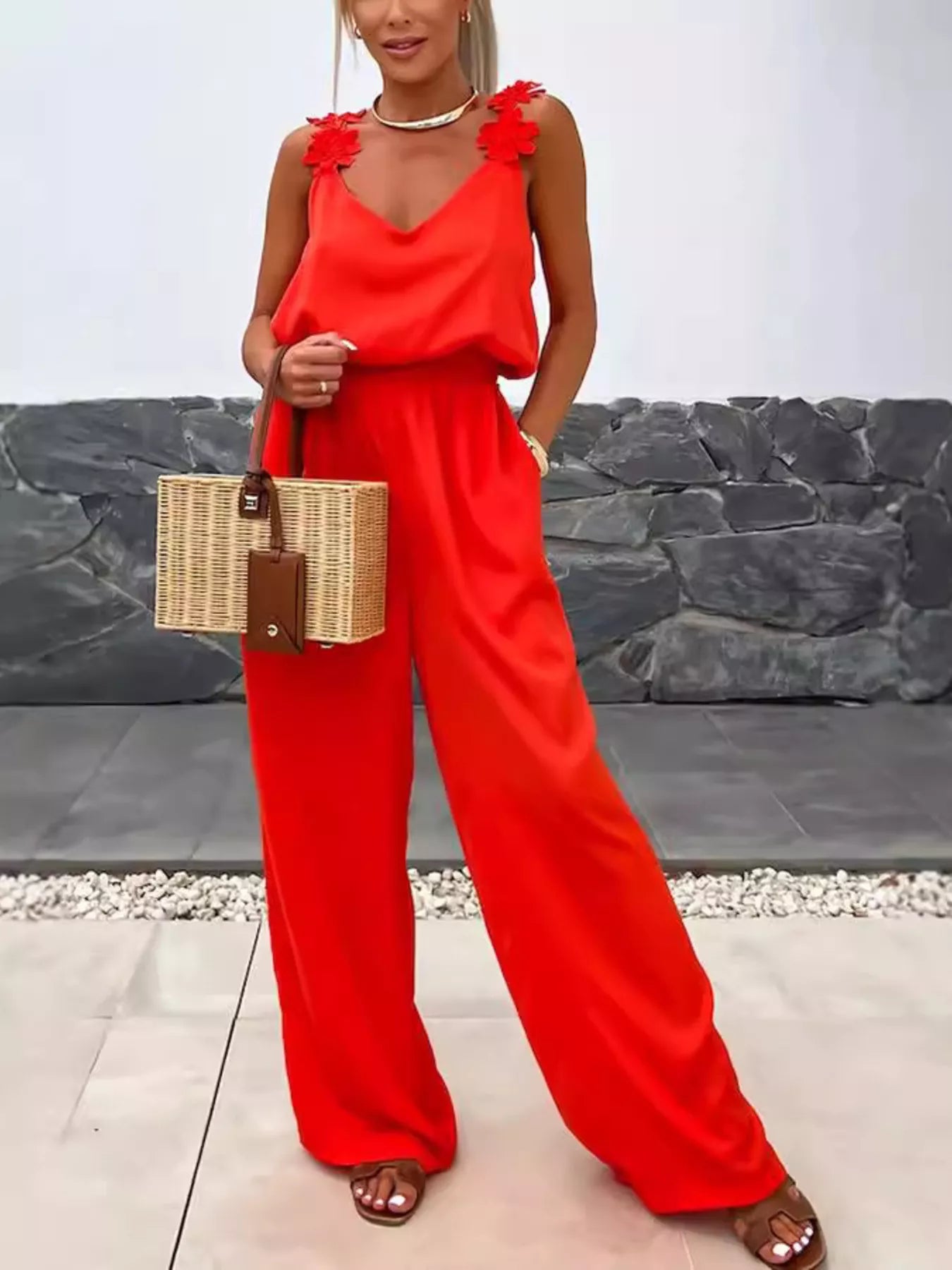 Floral Applique V-Neck Wide Leg Jumpsuit