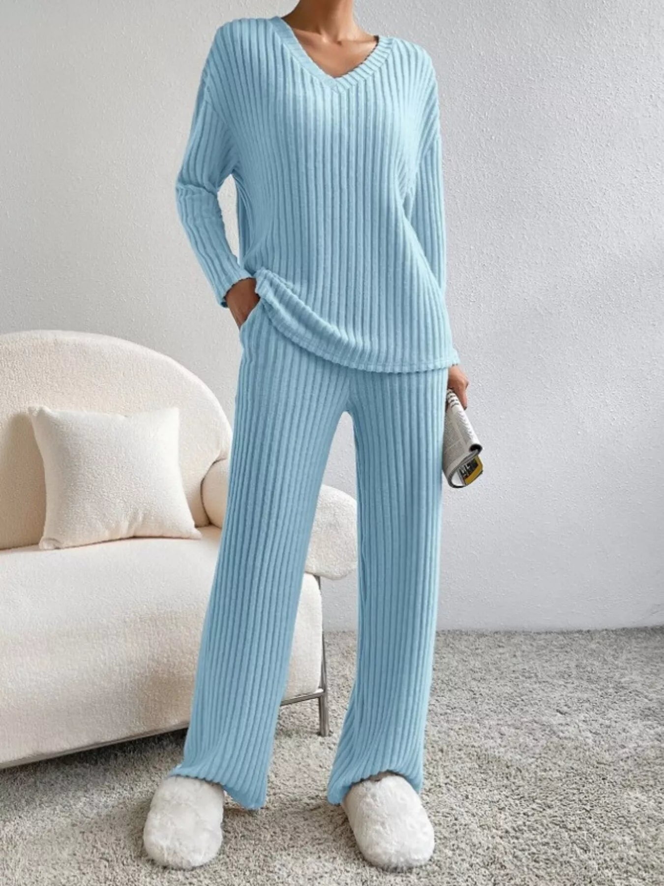 Ribbed Knit V-Neck Top and Pants Set