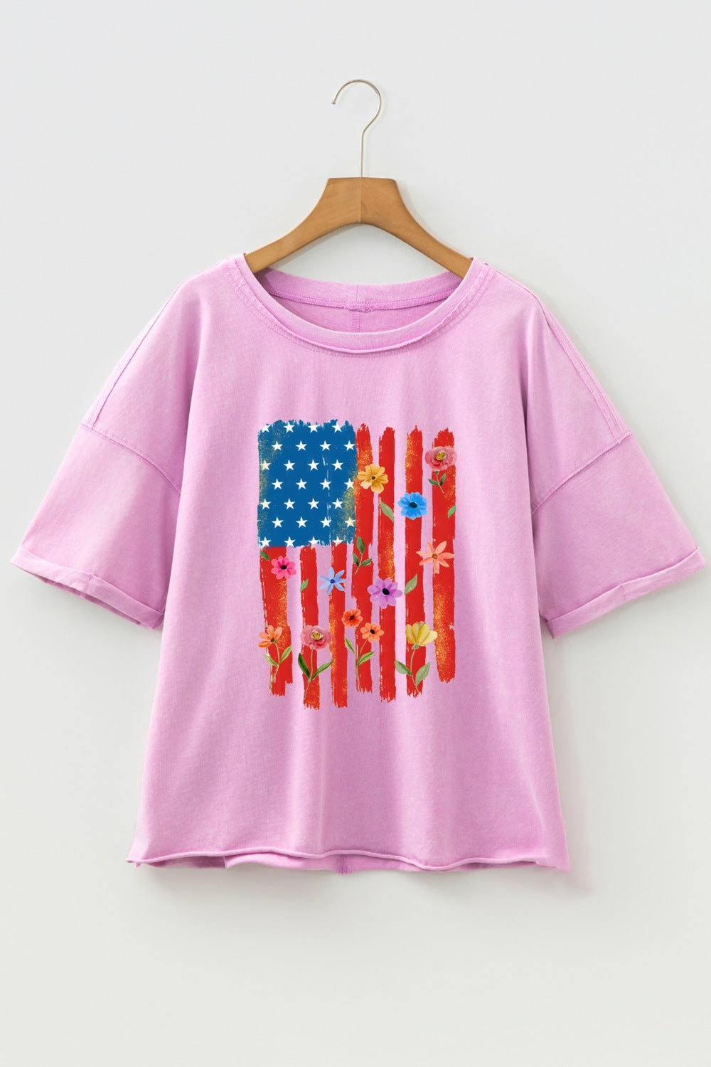 Floral American Flag Printed Raw Edge Cotton Tee