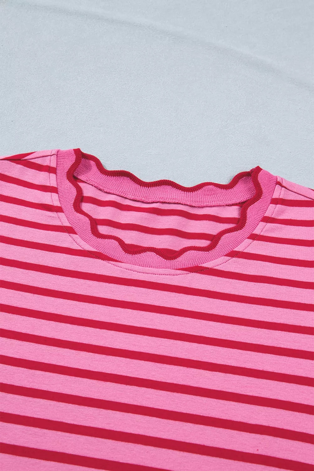 Stripe Striped Short Sleeve Scalloped Trim Side Slit Maxi Tee Dress