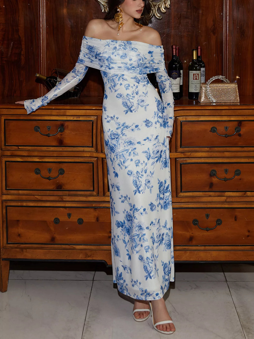 Off-Shoulder Ruched Long Sleeve Maxi Dress