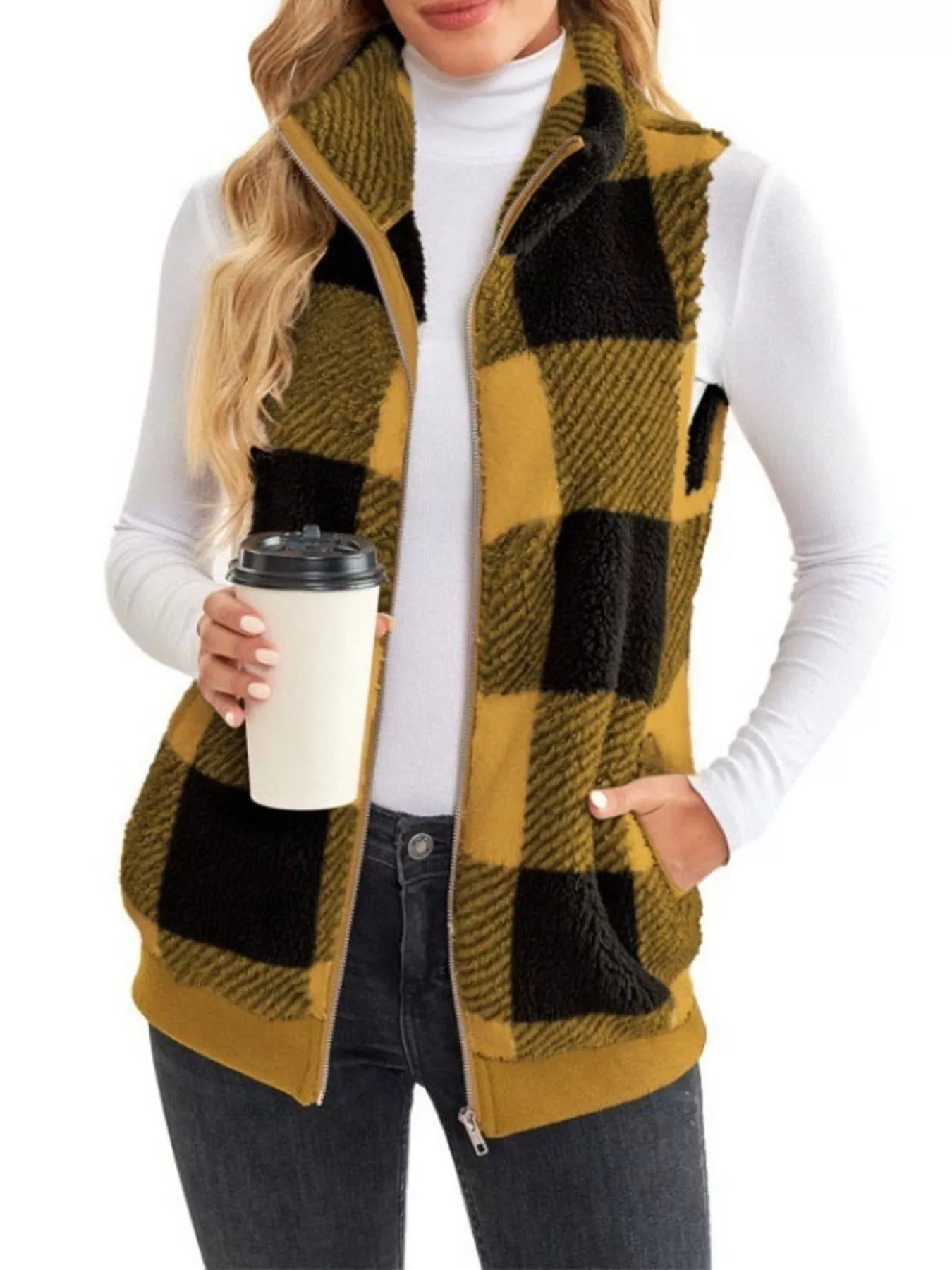 Full Size Color Block Zip Up Vest Coat Plus Size