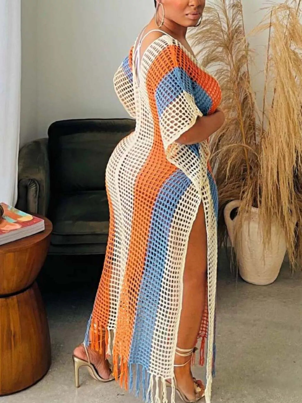 Striped Crochet Cover-Up Dress with Fringe