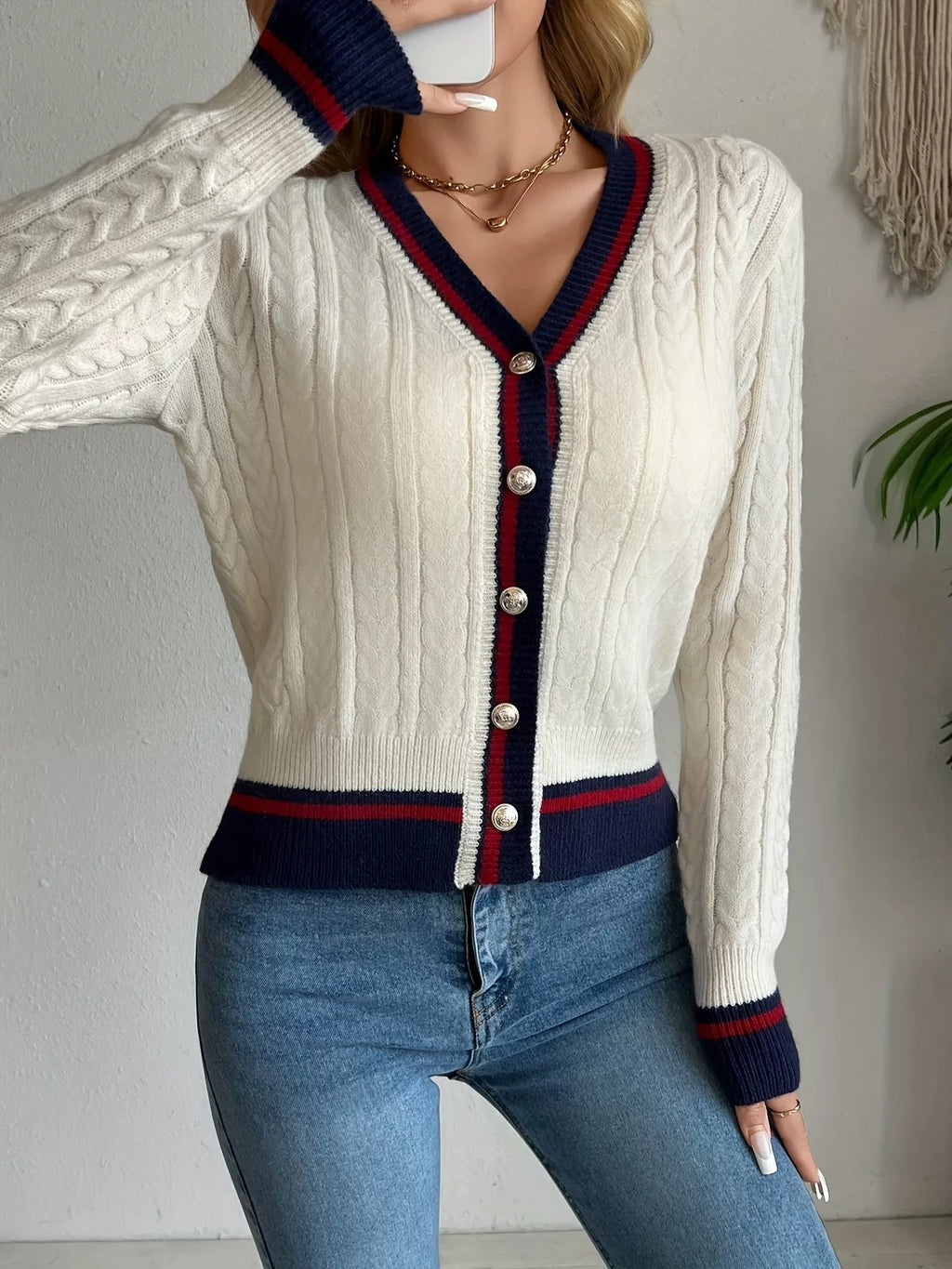 Contrast Trim Cable Knit Cardigan