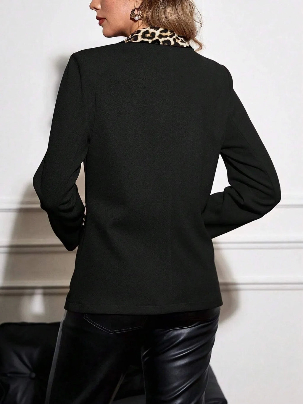 Leopard Lapel Collar Long Sleeve Blazer