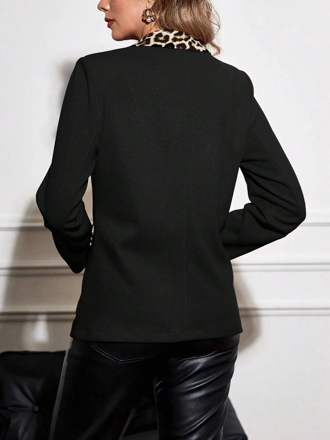 Leopard Lapel Collar Long Sleeve Blazer