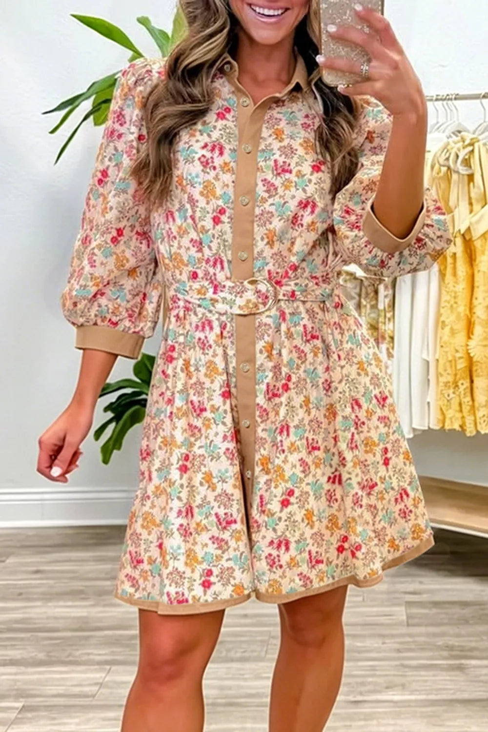Floral Print Color Block Trim Button Down 3/4 Sleeve Belted Mini Dress