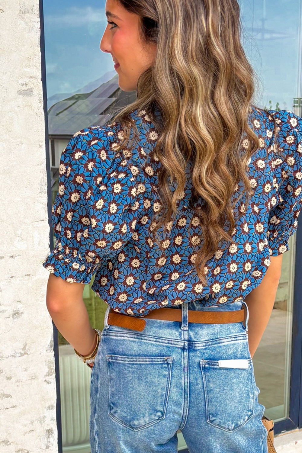 Floral Print V Neck Pleated Detail Short Puff Sleeve Blouse