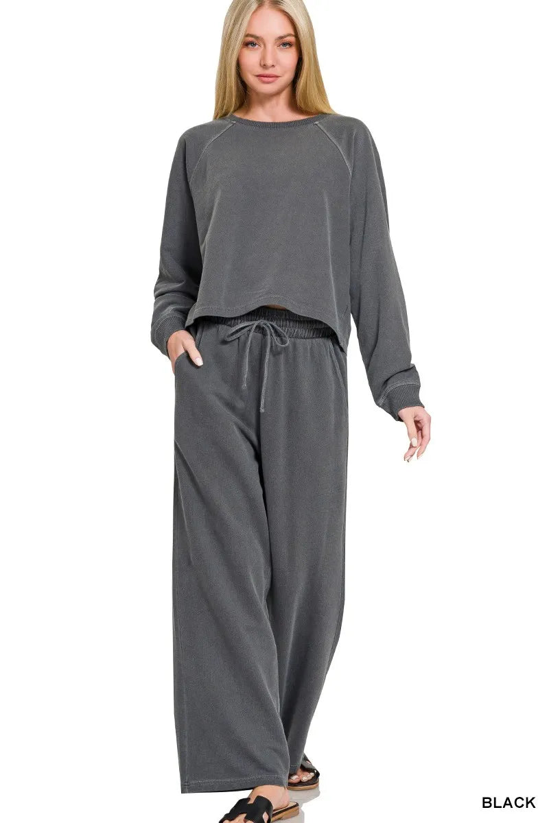 Zenana Washed F/terry Round Neck Pullover & Pants Set