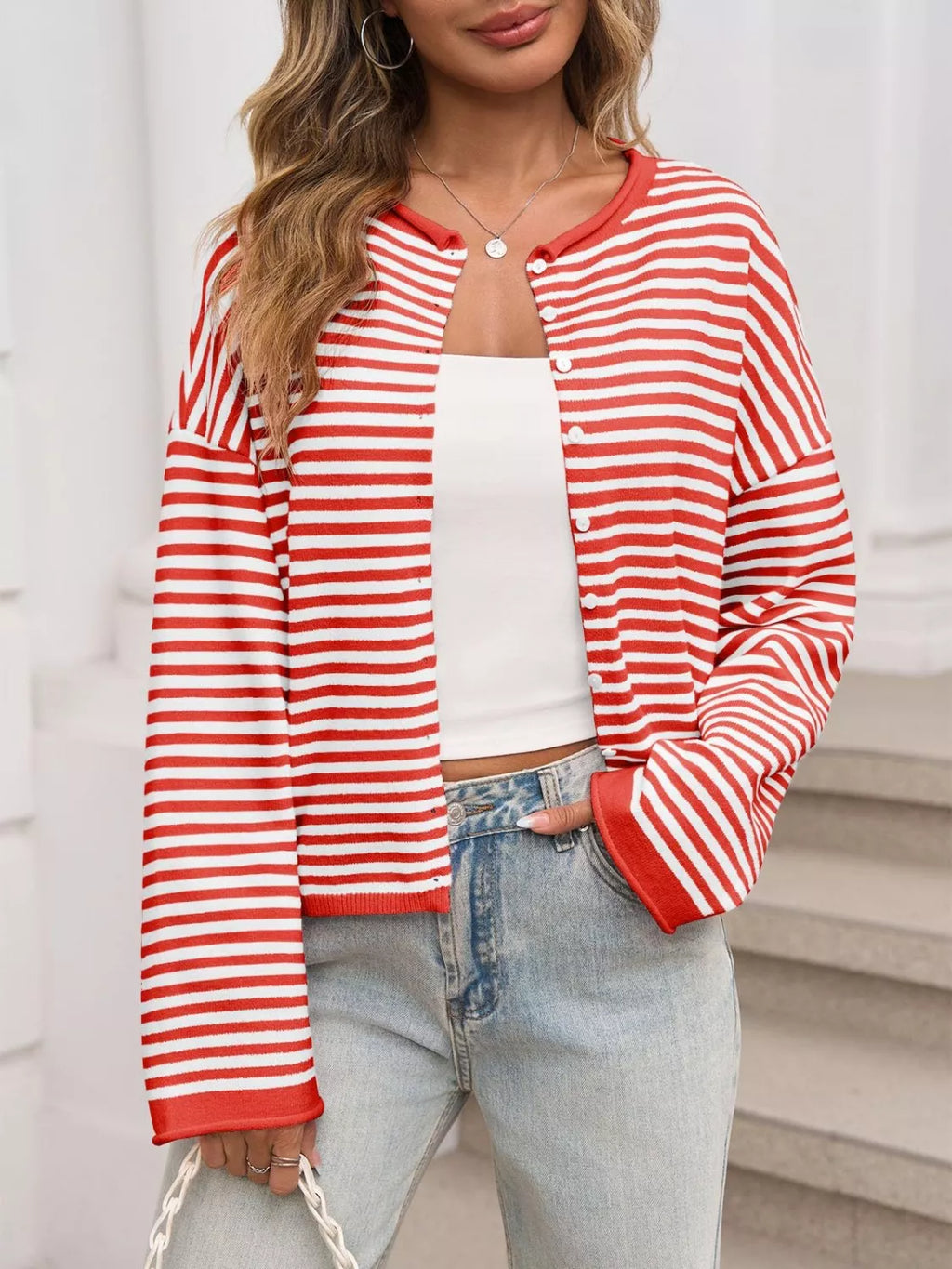 Striped Button-Down Knit Cardigan