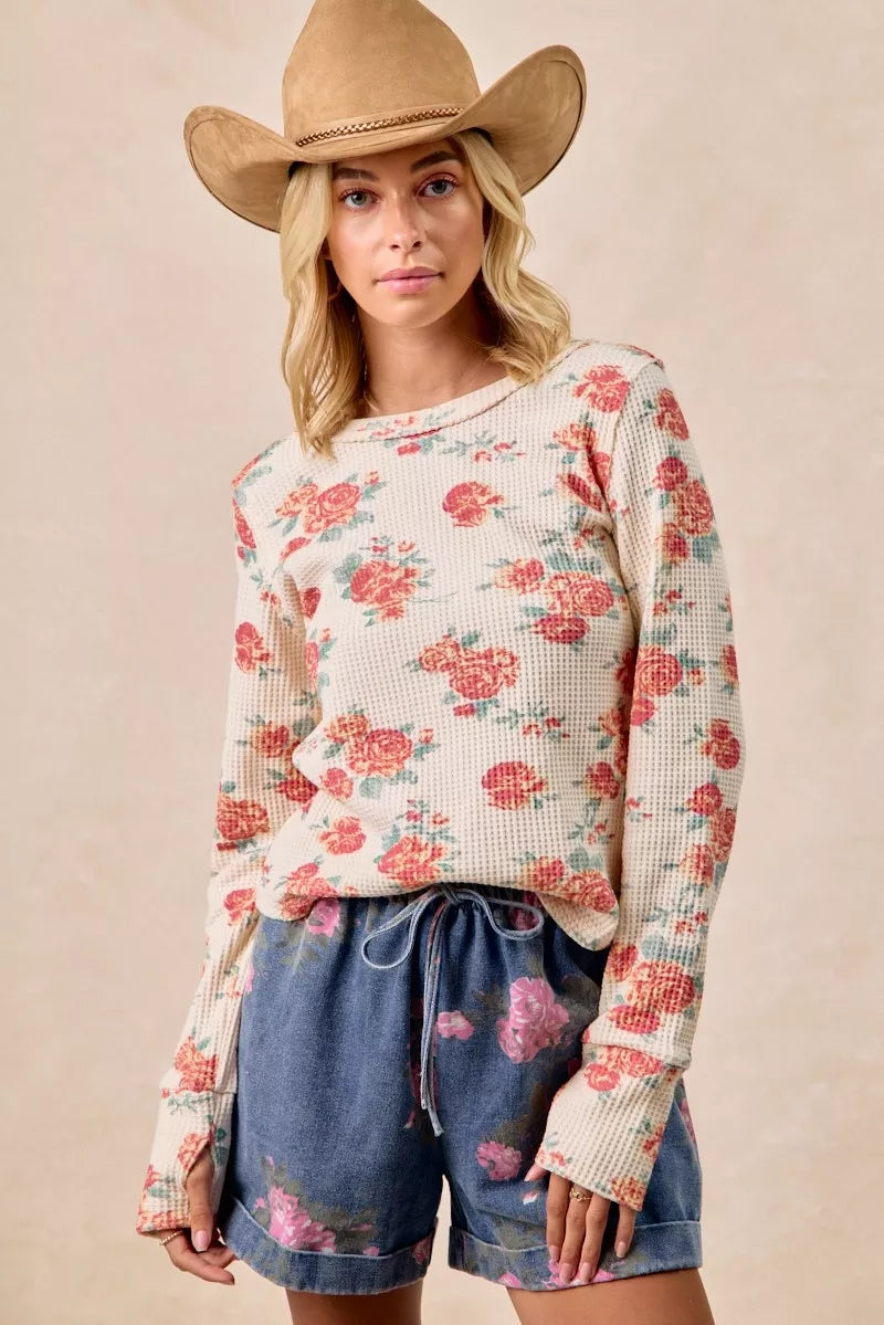 BiBi Floral Print Washed Waffle Thermal Top With Thumb