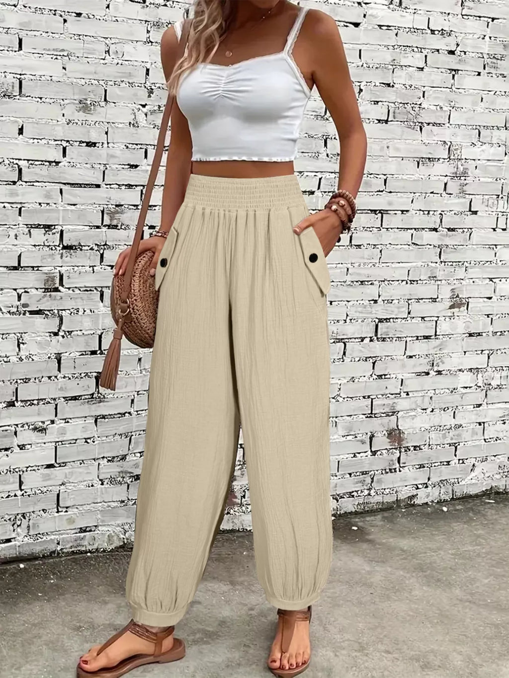 Smocked Textured Casual Pants