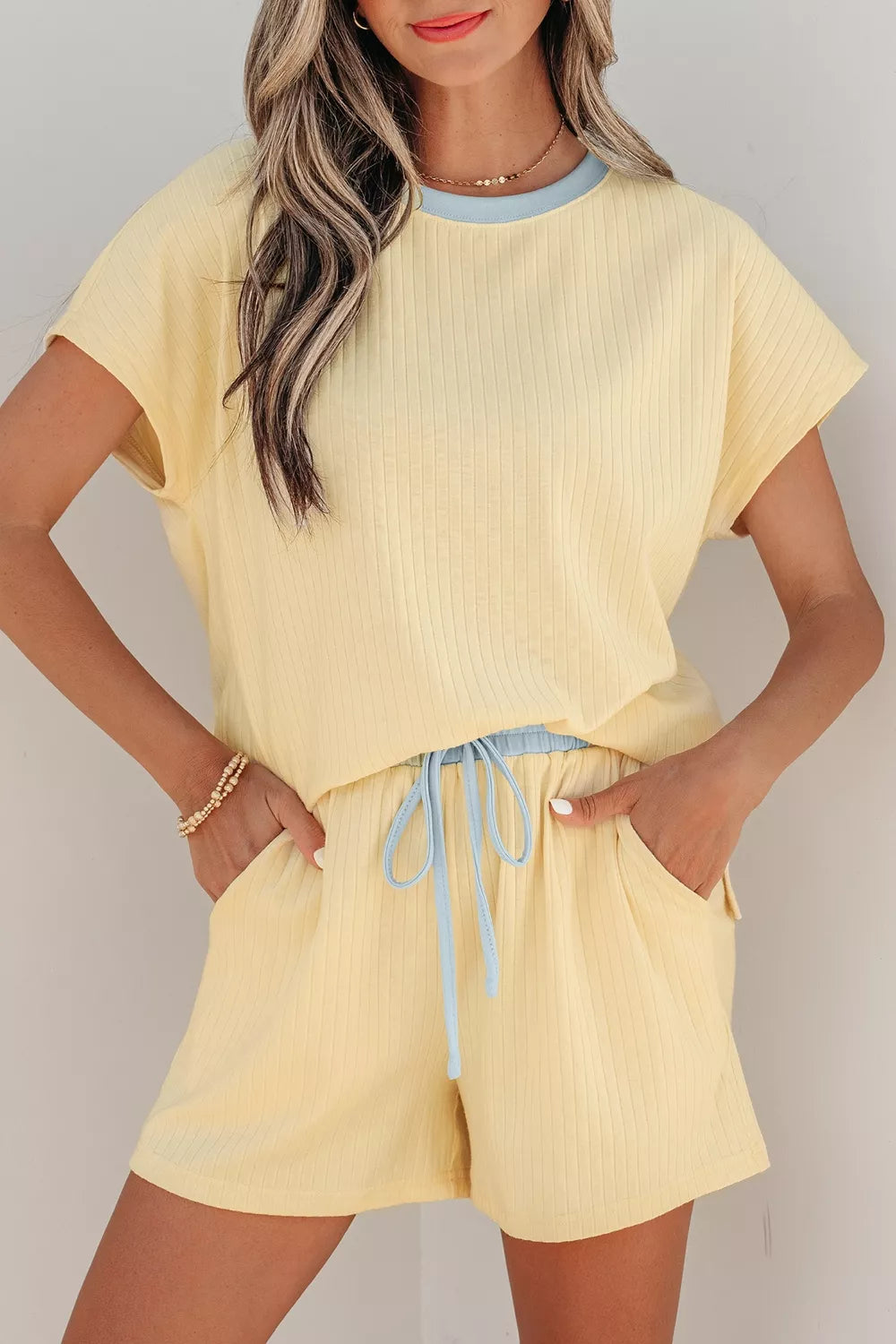 Soft Ribbed Color Block Trim Casual Short Set