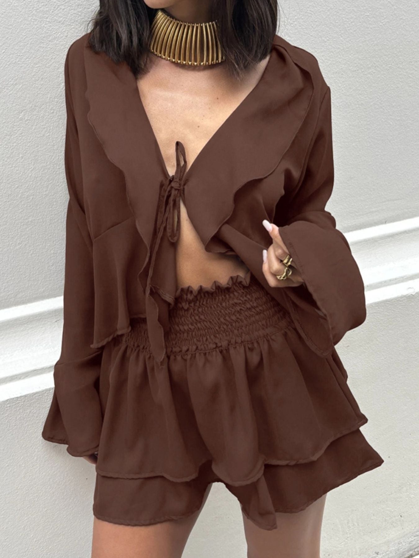 Ruffle Trim Top and Skirt Two-Piece Set