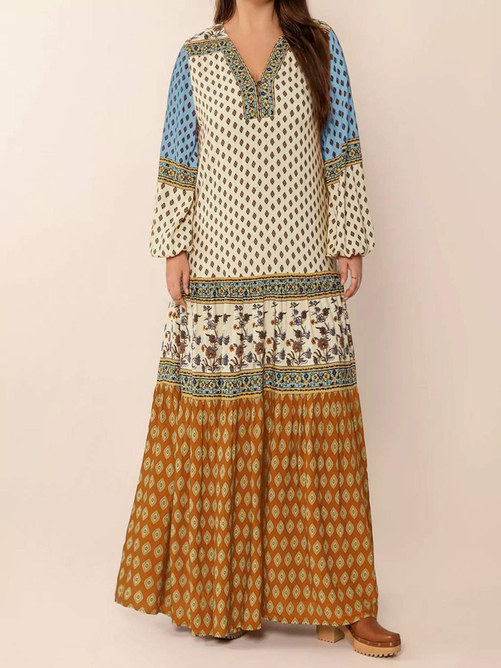 Bohemian Mixed Print Long Sleeve Maxi Dress