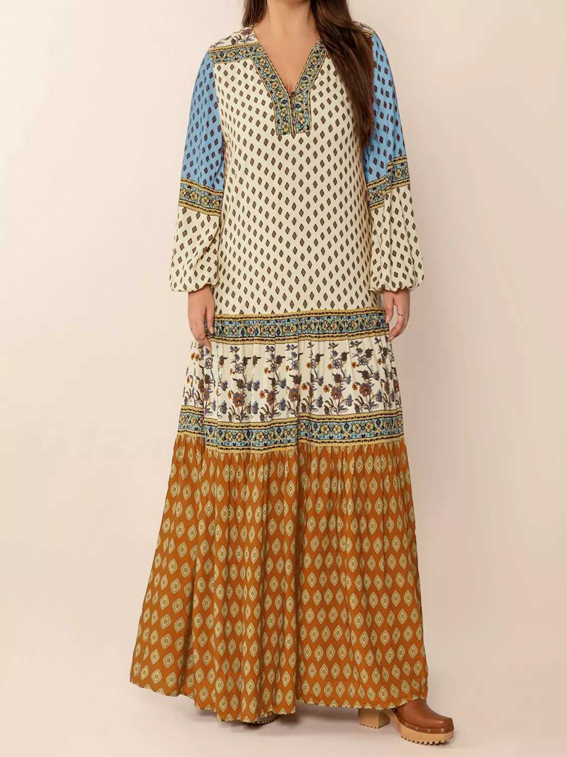Bohemian Mixed Print Long Sleeve Maxi Dress