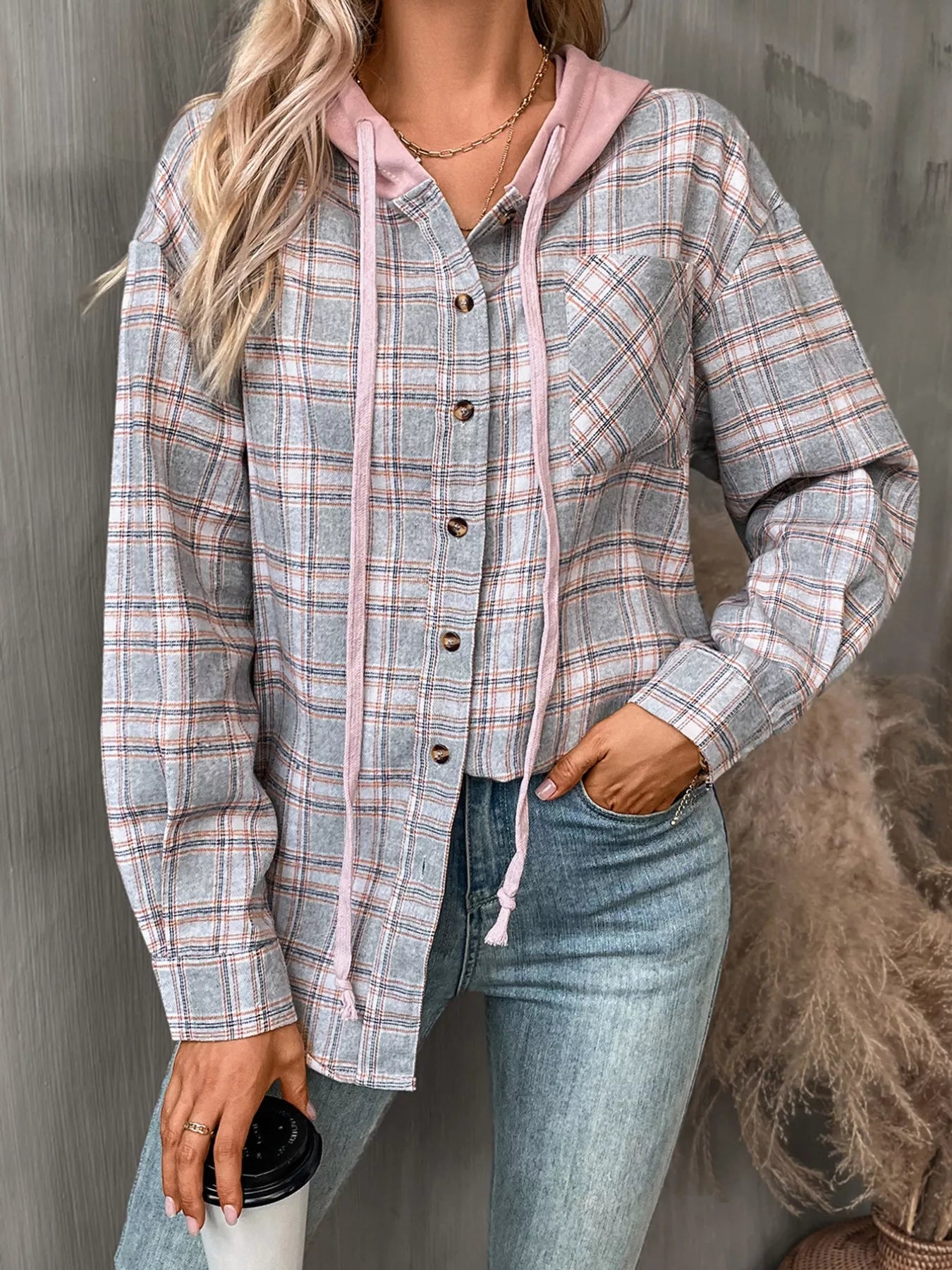 Plaid Button-Up Hooded Shirt with Chest Pocket
