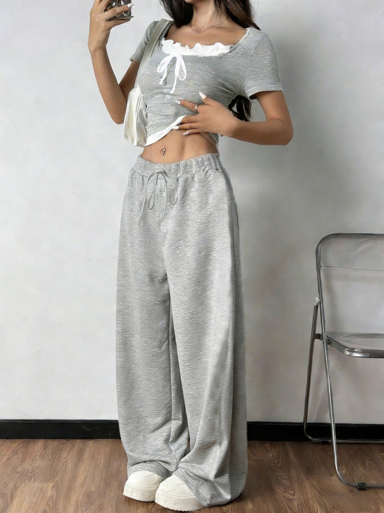 Tie Front Short Sleeve Top and Pants Set