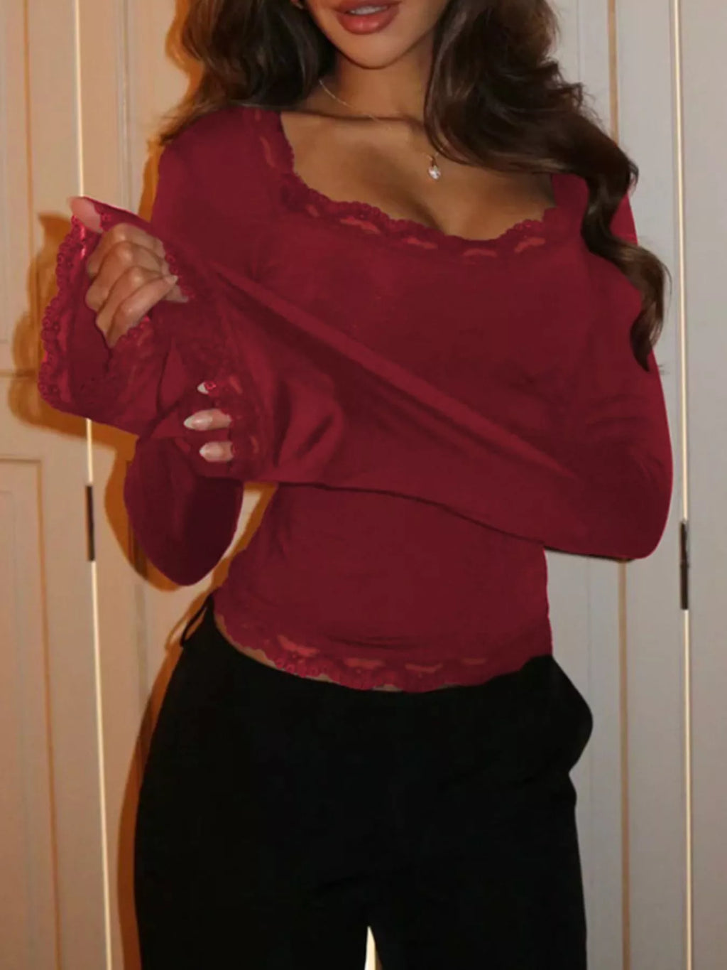 Lace Trim Square Neck Long Sleeve Top