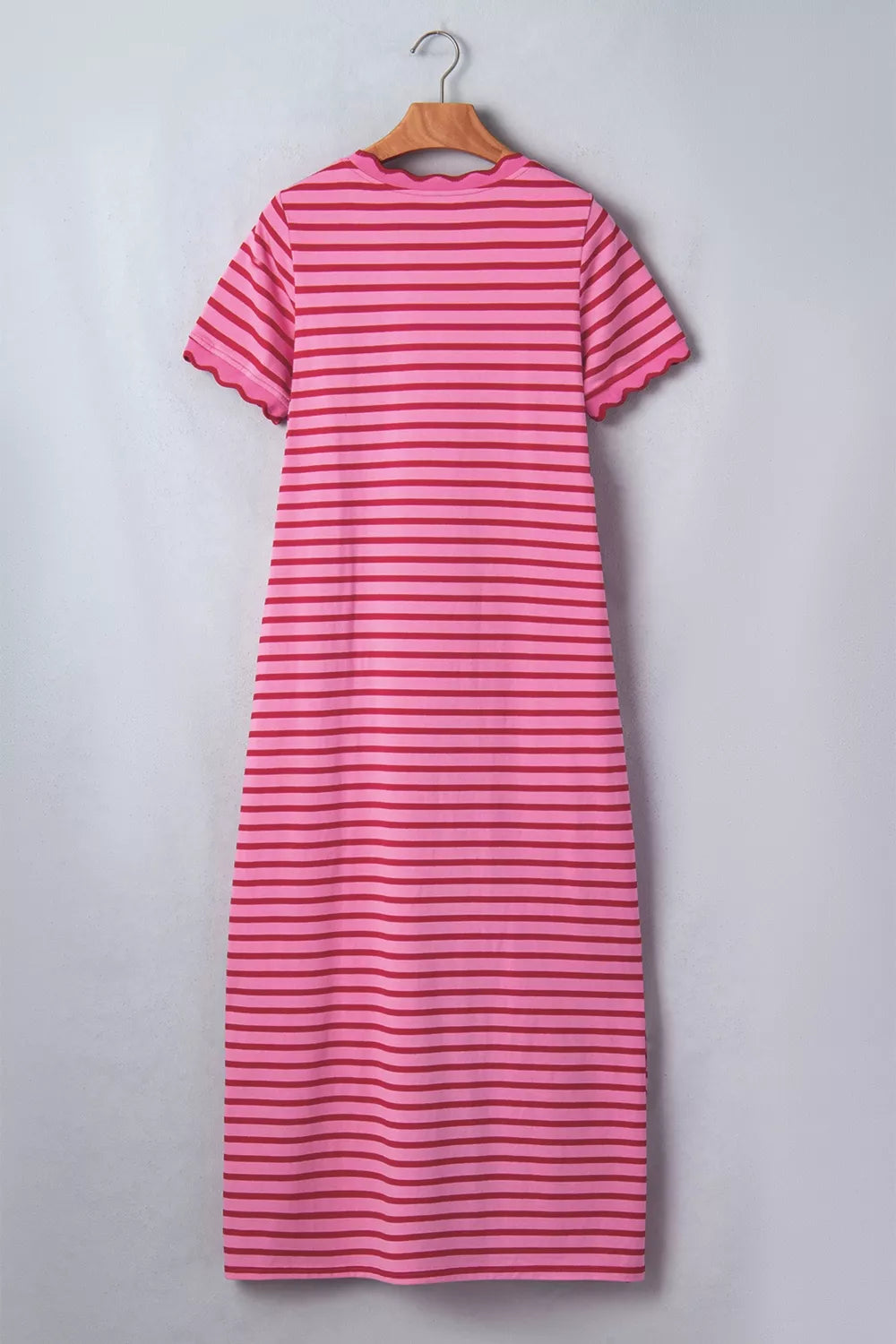 Stripe Striped Short Sleeve Scalloped Trim Side Slit Maxi Tee Dress