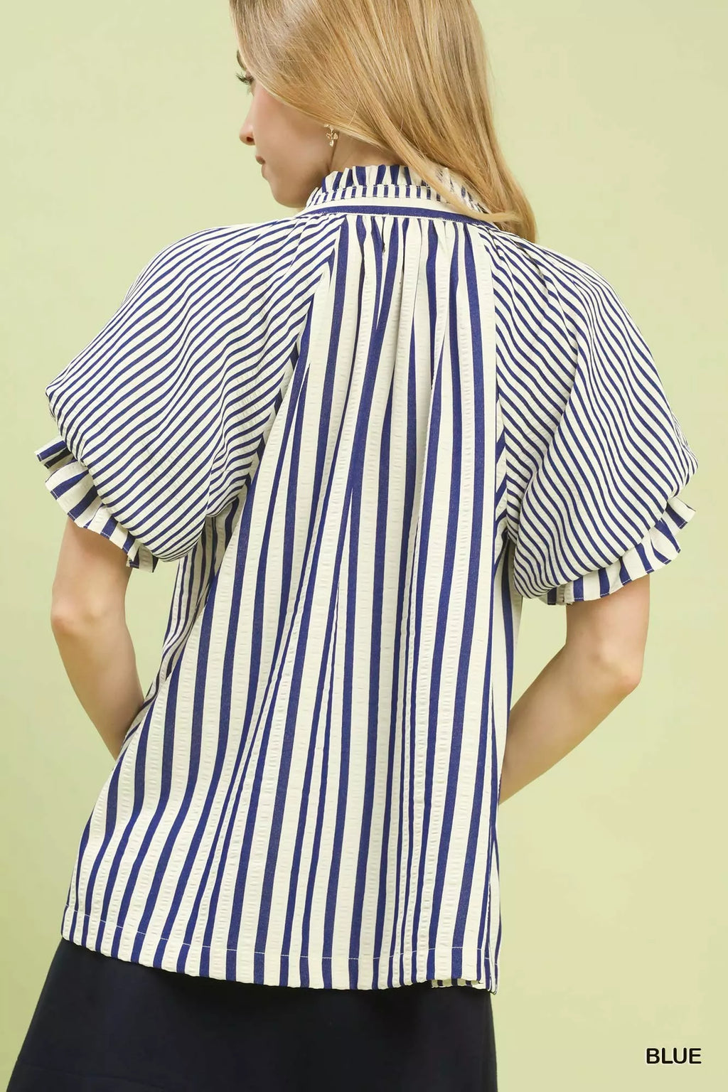 Umgee Striped Notched Top with Short Flutter Sleeves