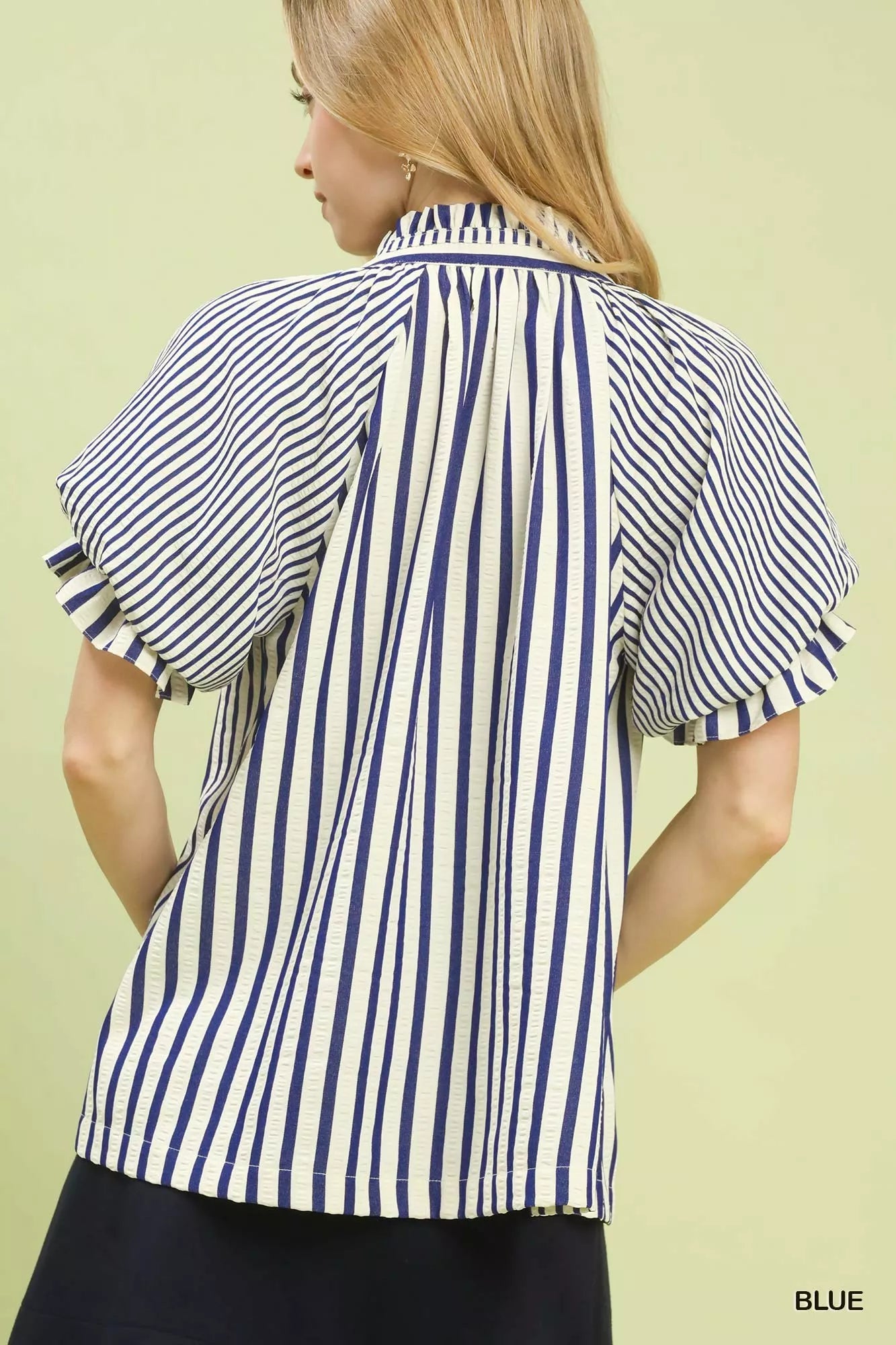 Umgee Striped Notched Top with Short Flutter Sleeves