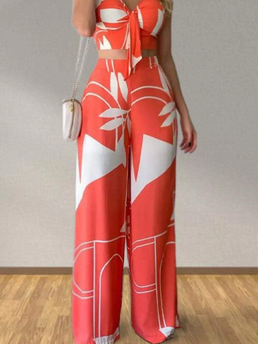 Tropical Print Spaghetti Strap Crop Top and Wide Leg Pants Set