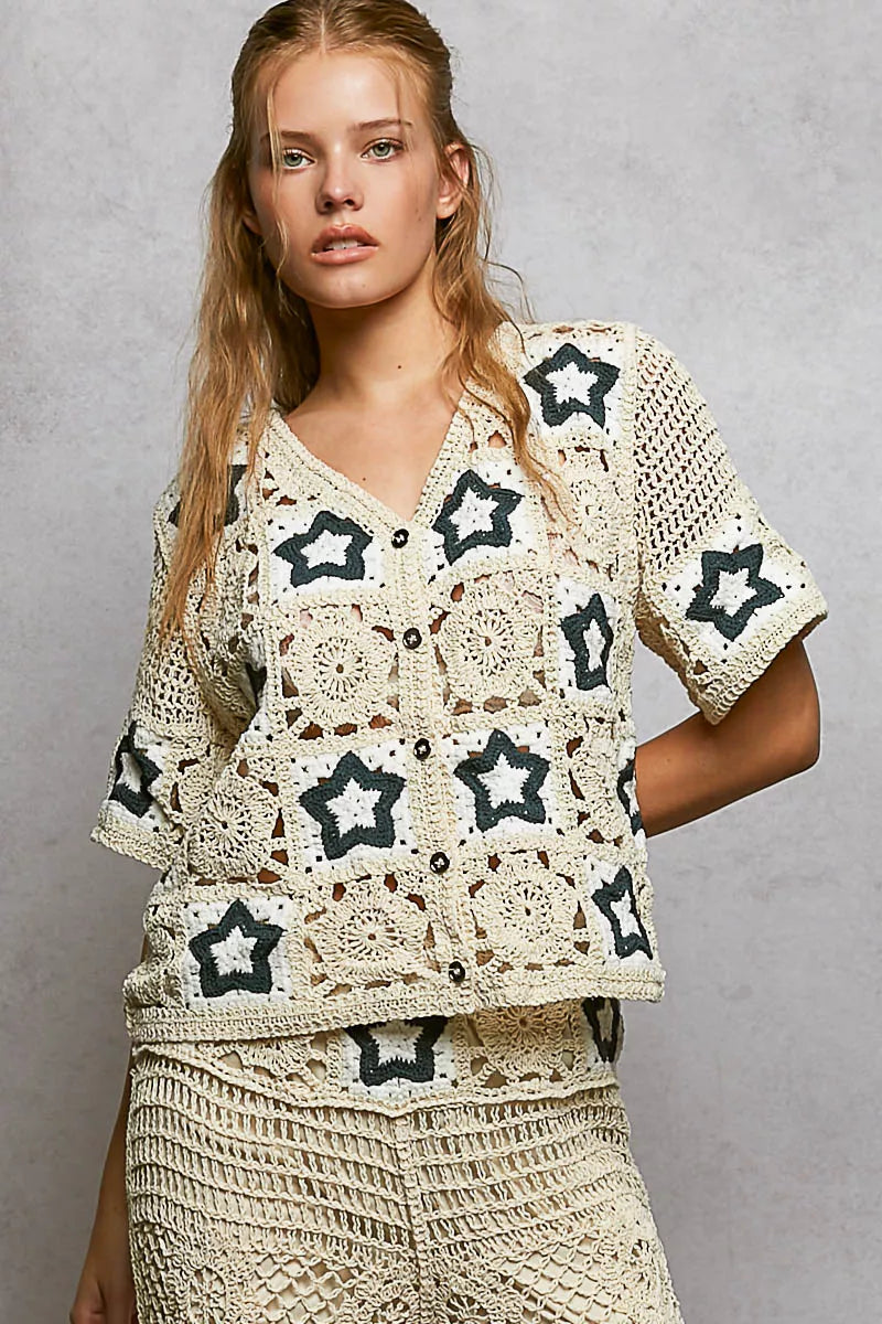 POL Button Front V-Neck Crochet Cardigan with Contast Star