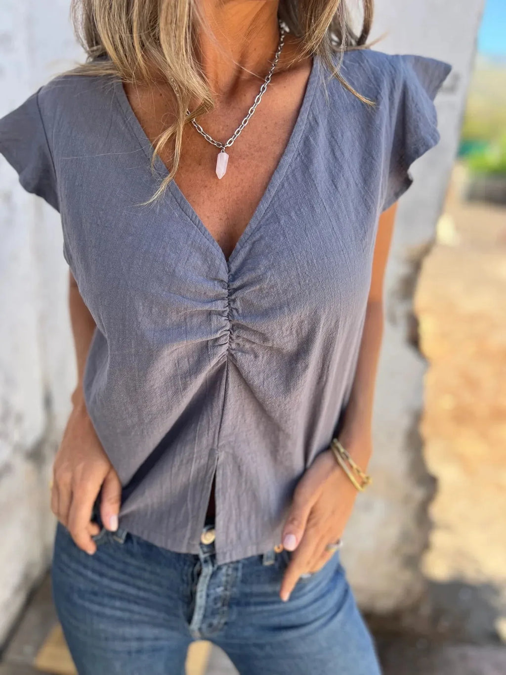 Full Size Ruched V-Neck Cap Sleeve Blouse Plus Size