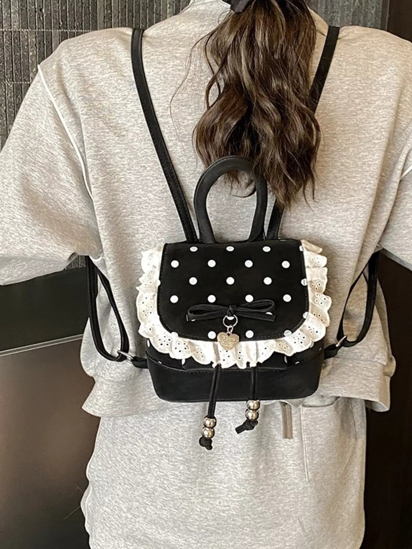 Polka Dot Lace Trim Backpack Bag