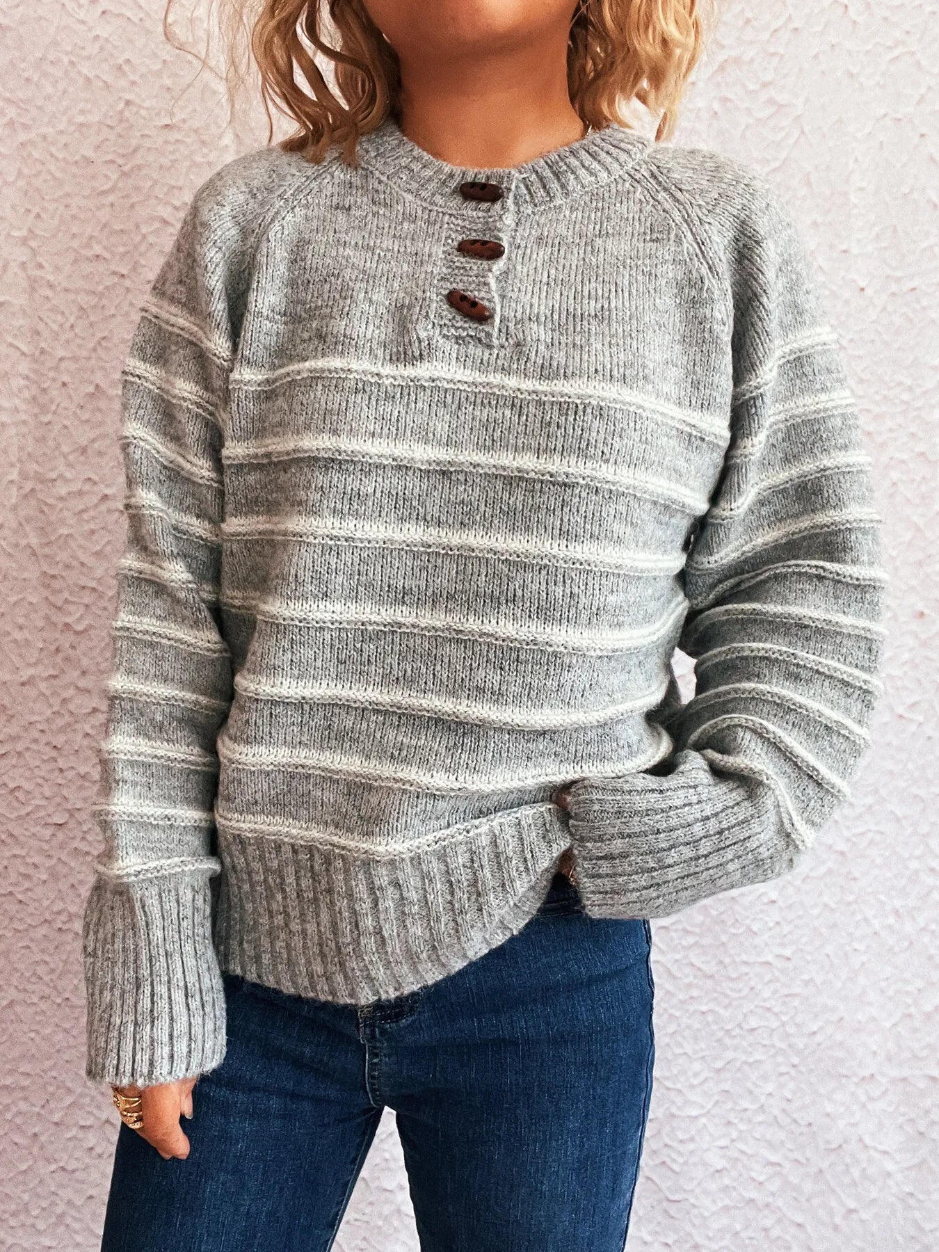 Striped Button Detail Long Sleeve Sweater
