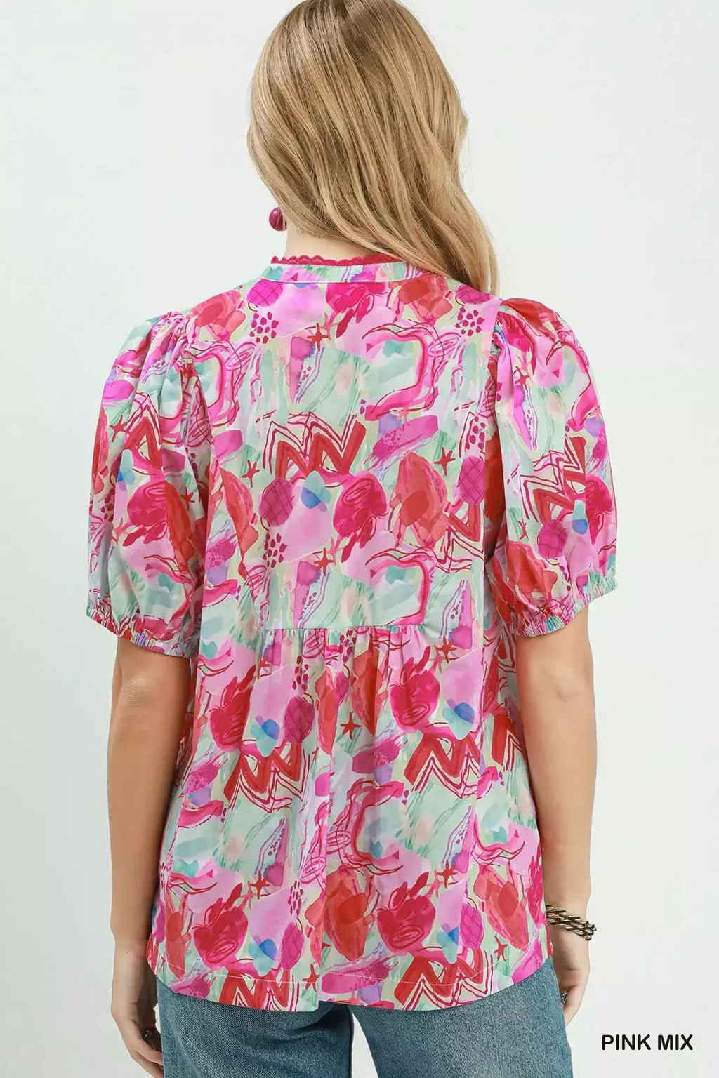 Umgee Abstract Print Puff Sleeve Top