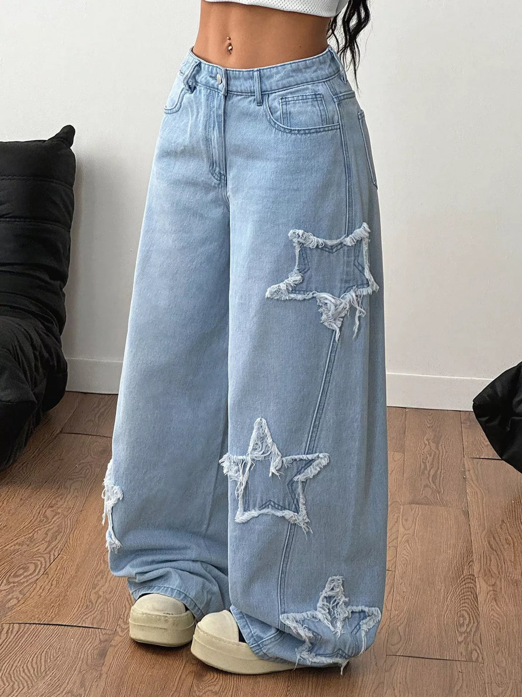 Distressed Star Patch Wide-Leg Jeans